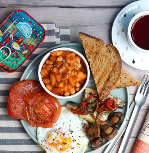 English Breakfast with Grilled Sardines with Sweet Peppers